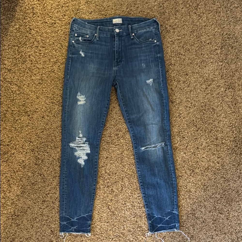 MOTHER Blue Ankle Cropped Jeans with Distressed Details